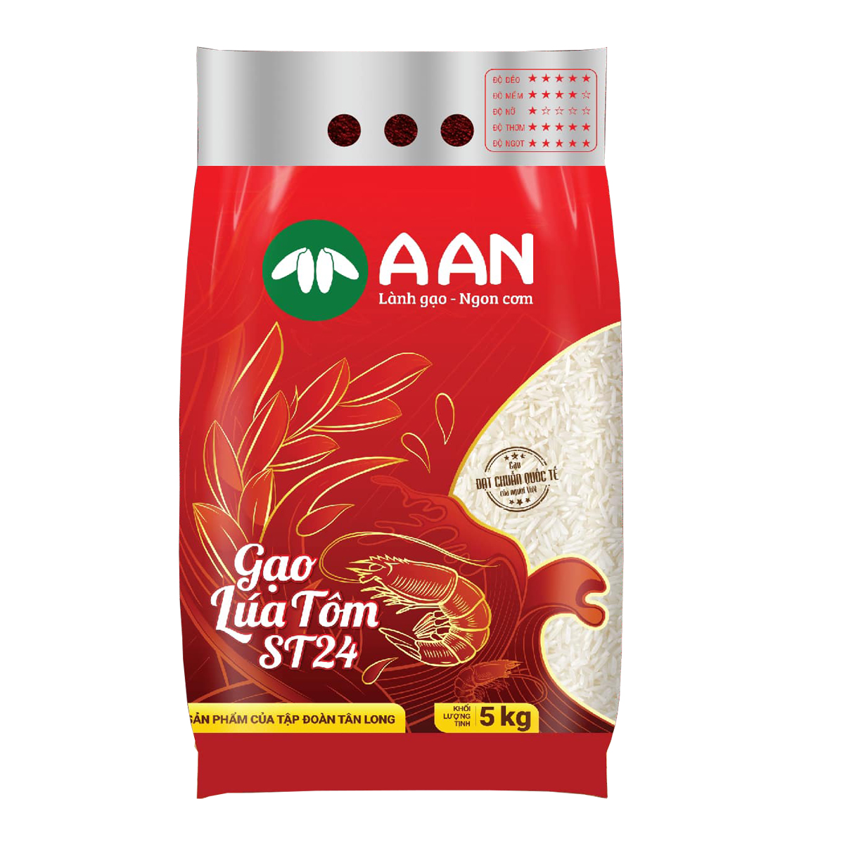 Gạo ST24 Lúa Tôm A An Túi 5kg - Lúa 1 năm 1 vụ, Cơm mềm dẻo, vị đậm ngọt, thơm đặc trưng