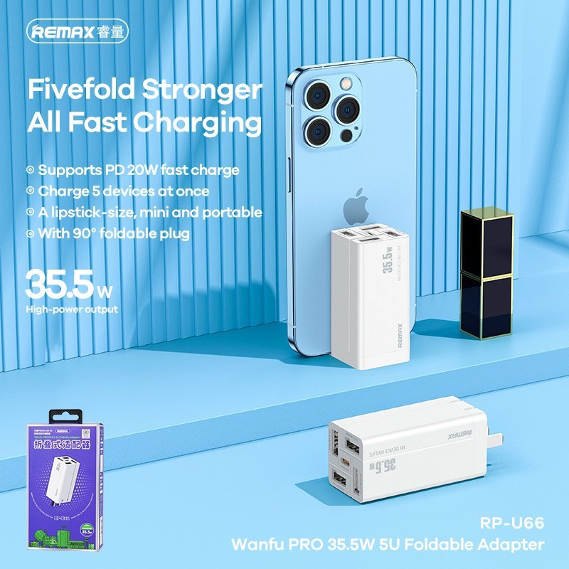 Củ Sạc Nhanh Đa Năng 5in1 Remax RP-U66 - 4 Cổng USB + 1 Cổng TypeC 20W - Tổng Công Suất Lên Đến 35.5W - Hàng Chính Hãng