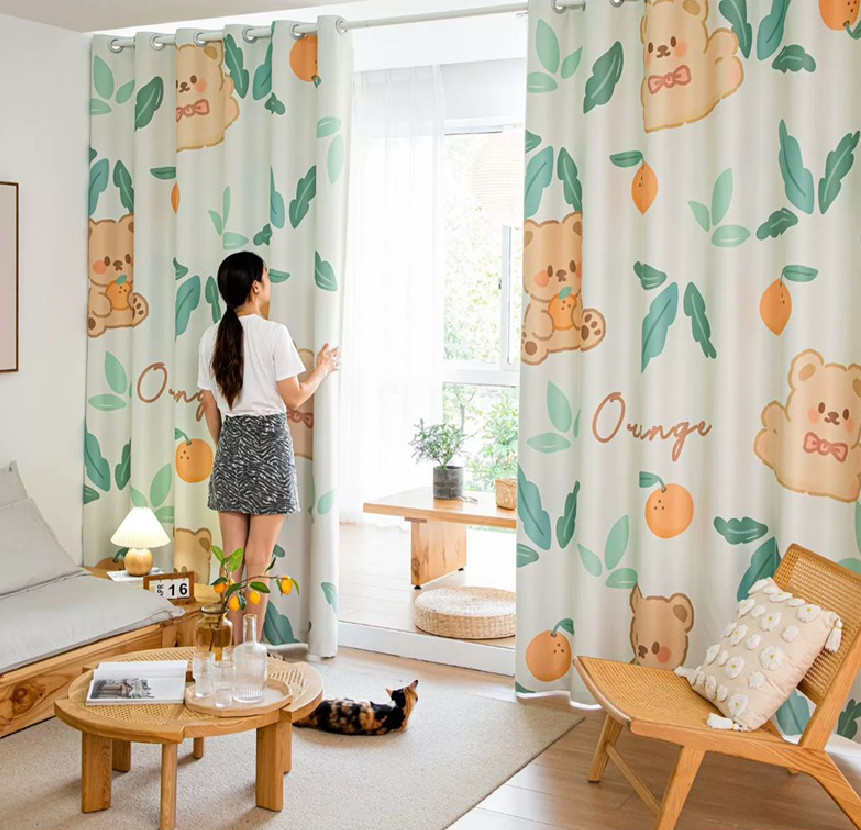 Rèm Vải Khoen Lỗ, Khoen Ri Đô, Rèm Dán GẤU CAM Vải Dày Khả Năng Chống Nắng Cao