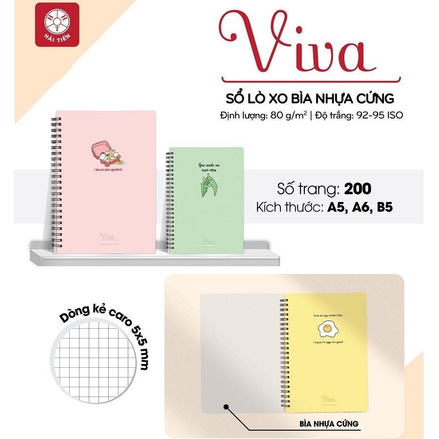 Set 5 quyển sổ lò xo caro bìa nhựa VIVA làm bujo, luyện chữ Calligraphy Hải Tiến 6539 / 6522 / 6546