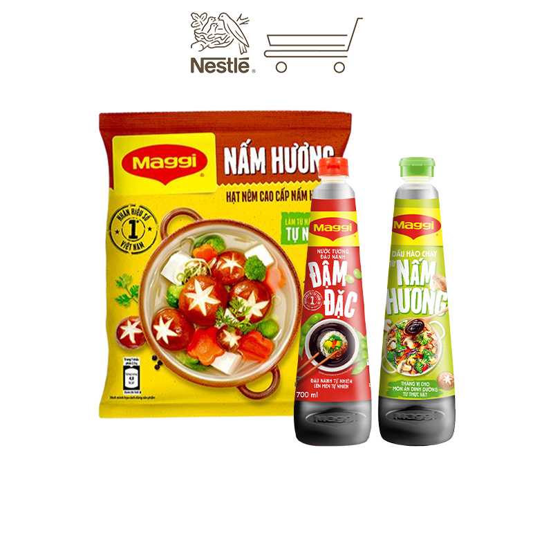 [Quà tặng tháng 11 - Mua 1 tặng 1 Chảo] COMBO CHAY MAGGI: 1 Chai nước tương đậu nành Đậm Đặc 700ml + 1 Chai dầu hào Nấm Hương 820g + 1 Bịch hạt nêm cao cấp Nấm Hương 450g