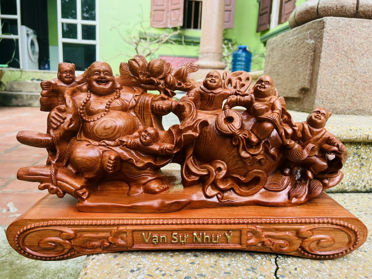 Tượng phật di lặc ngũ phúc ,kéo bao tiền bằng gỗ hương đá kt 50×29×14,5cm