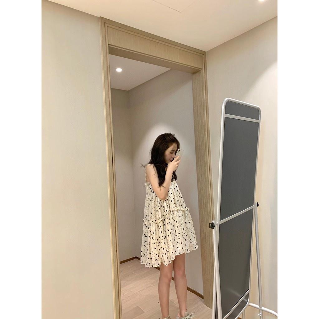 Đầm Nữ 2 Dây Hoa Nhí Đen Ngực Bèo Váy Nữ Dáng Ngắn Chất Voan