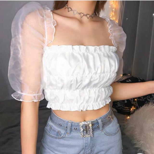 Áo nhún croptop bồng tay lưới kiếng