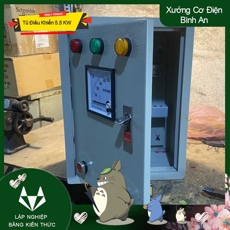 Tủ điều khiển 5,5KW chống quá dòng bảo vệ động cơ điện 3 pha có đồng hồ báo Vôn V