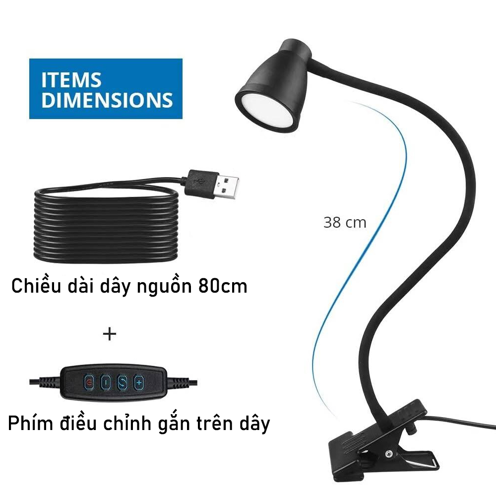 Đèn học, Đèn đọc sách kẹp đầu giường đa năng bóng LED 3 chế độ ánh sáng 3W, Nguồn USB 5V