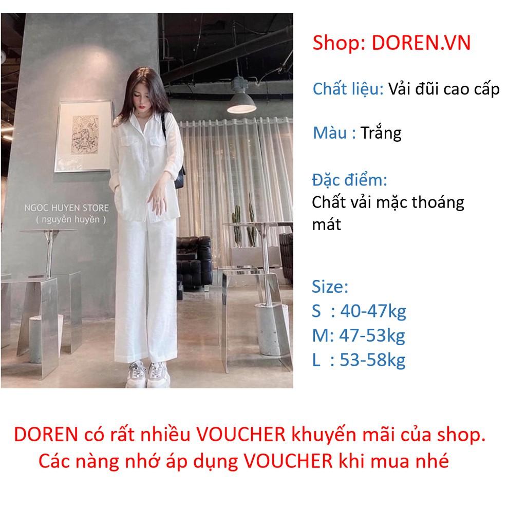 Set áo sơ mi nữ vải đũi dáng suông dài tay + quần suông đũi trắng form rộng DOREN DRAQ001