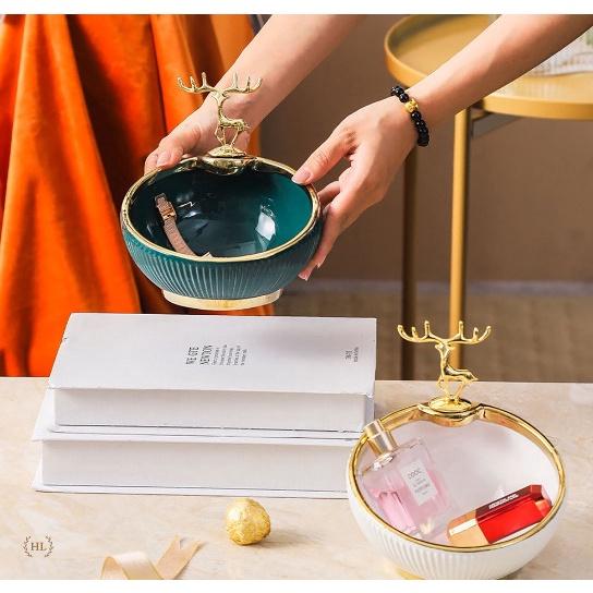 Bát Sứ Đựng Kẹo Phụ Kiện Decor 2022 | Âu Sứ Decor Kẻ Vàng Kim Vân Nổi Hình Hươu Mạ Vàng