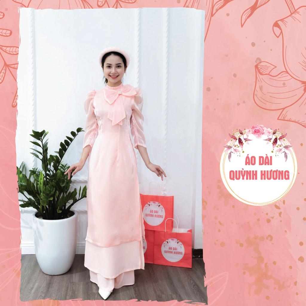 Áo dài voan tơ đính nơ, hoa size lớn XL, 2XL, 3XL đặt may