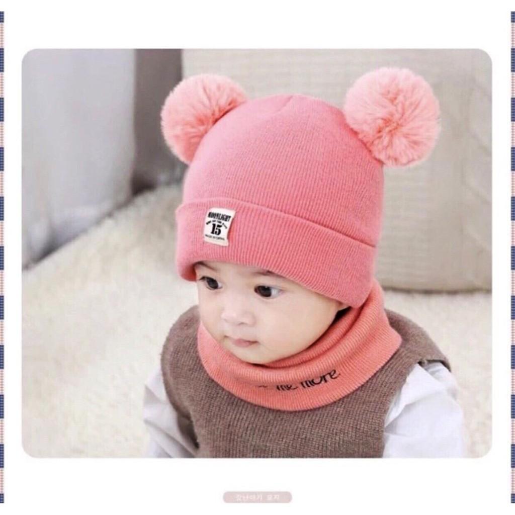 Sét Mũ len 2 quả bông kèm khăn cho bé
