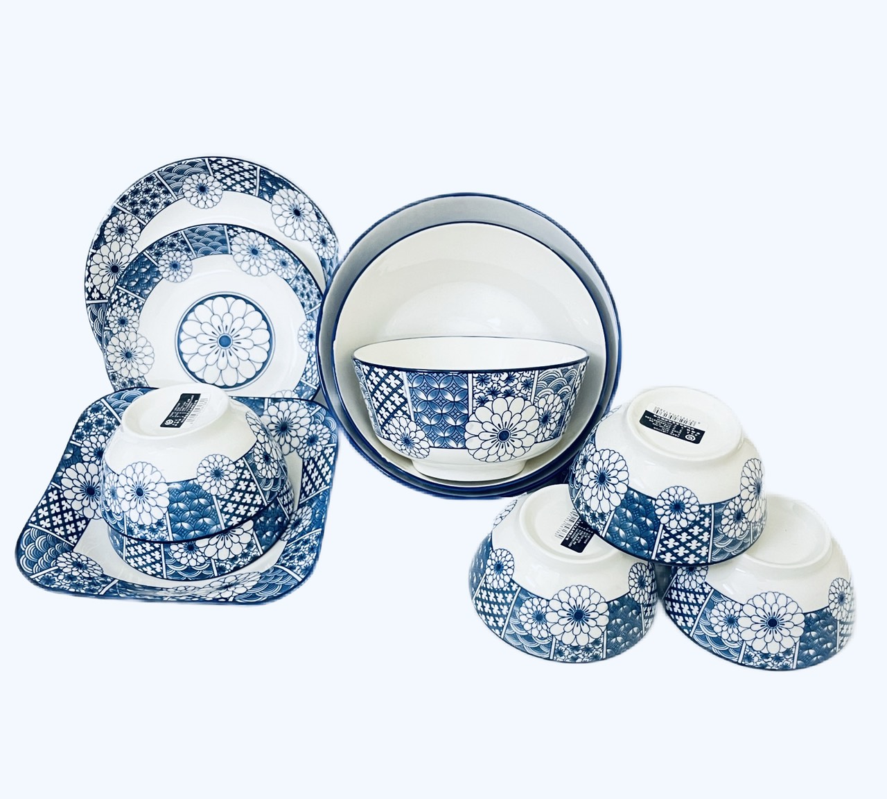 BỘ BÁT ĐĨA GỐM SỨ HỌA TIẾT HOA CÚC XANH DƯƠNG CAO CẤP, BÁT ĐĨA GỐM SỨ CHO MỌI GIA ĐÌNH, NHÀ HÀNG, KHÁCH SẠN, QUÁN ĂN,.....