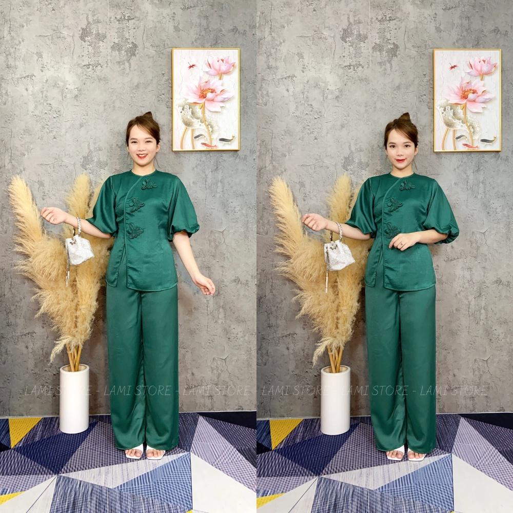 Đồ lam đi chùa nữ bộ lễ phục vải cát nhung cúc thủ công bông hoa đẹp thiết kế cao cấp trang nhã họa tiết LAMI STORE V18
