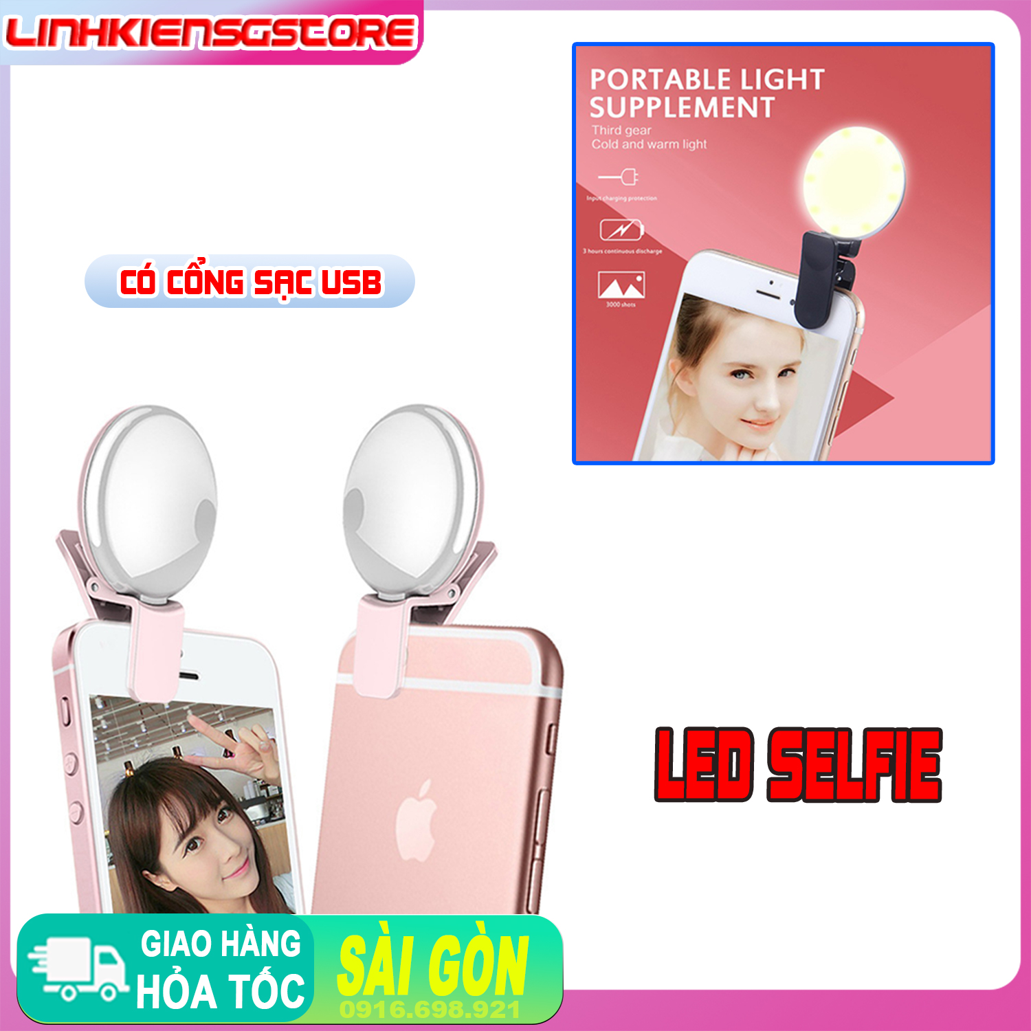 [ MÀU HỒNG ] Đèn LED Kẹp Điện Thoại Chụp Hình Selfie có Pin Sạc USB Trợ Sáng Di Động