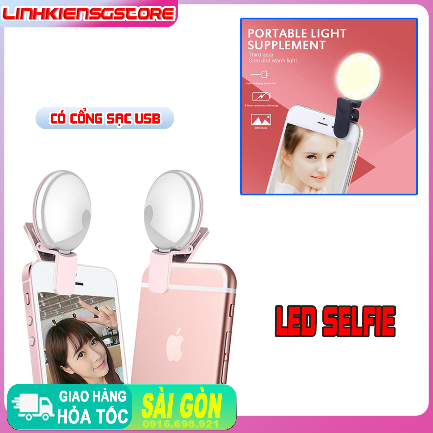[ MÀU TRẮNG ] Đèn LED Kẹp Điện Thoại Chụp Hình Selfie có Pin Sạc USB Trợ Sáng Di Động