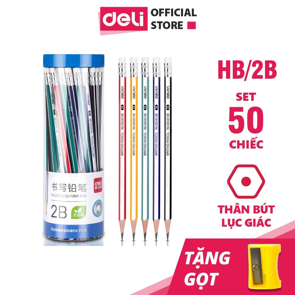 50 Chiếc Bút Chì Gỗ Tự Nhiên Deli - Dễ Gọt Và Nhạy Với Máy Chấm Thi - Kèm Tẩy Và Gọt Bút Chì - Loại HB/2B