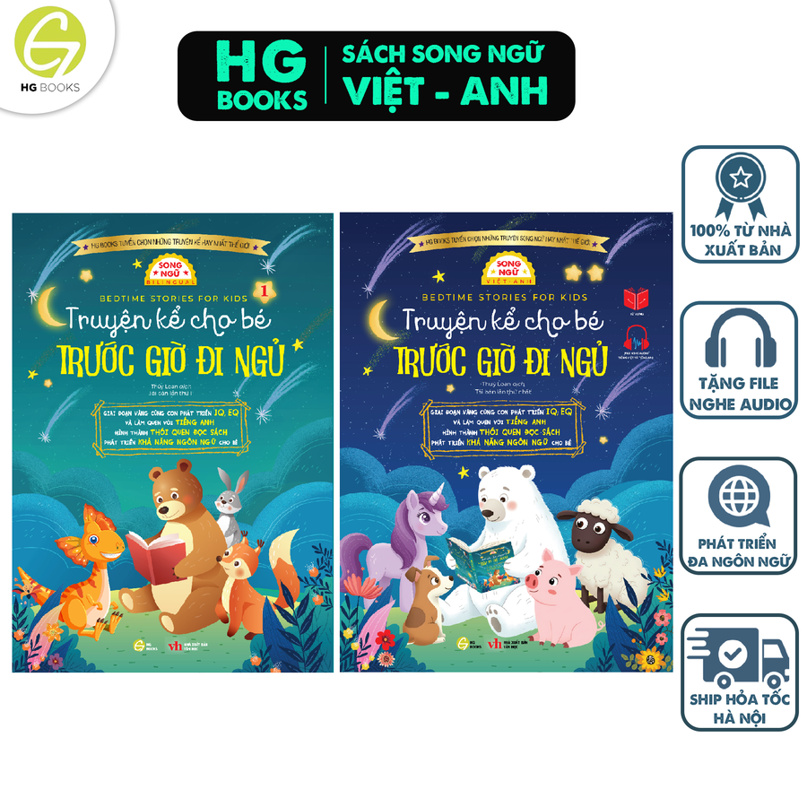 Sách song ngữ: Combo 2 tập Truyện Kể Cho Bé Trước Giờ Đi Ngủ - Cùng Con Phát Triển IQ, EQ Và Làm Quen Với Tiếng Anh, Tặng File Audio