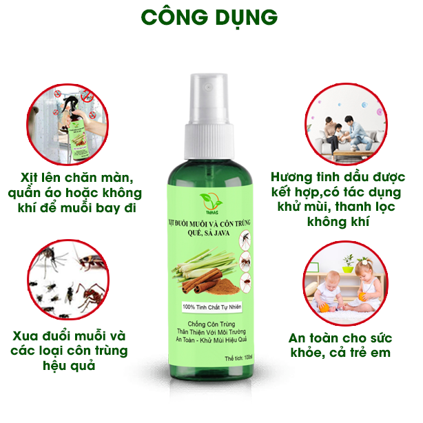 Xịt đuổi muỗi và côn trùng hương sả quế chai 100ml, thành phần an toàn tự nhiên, khử mùi, đuổi muỗi và côn trùng hiệu quả