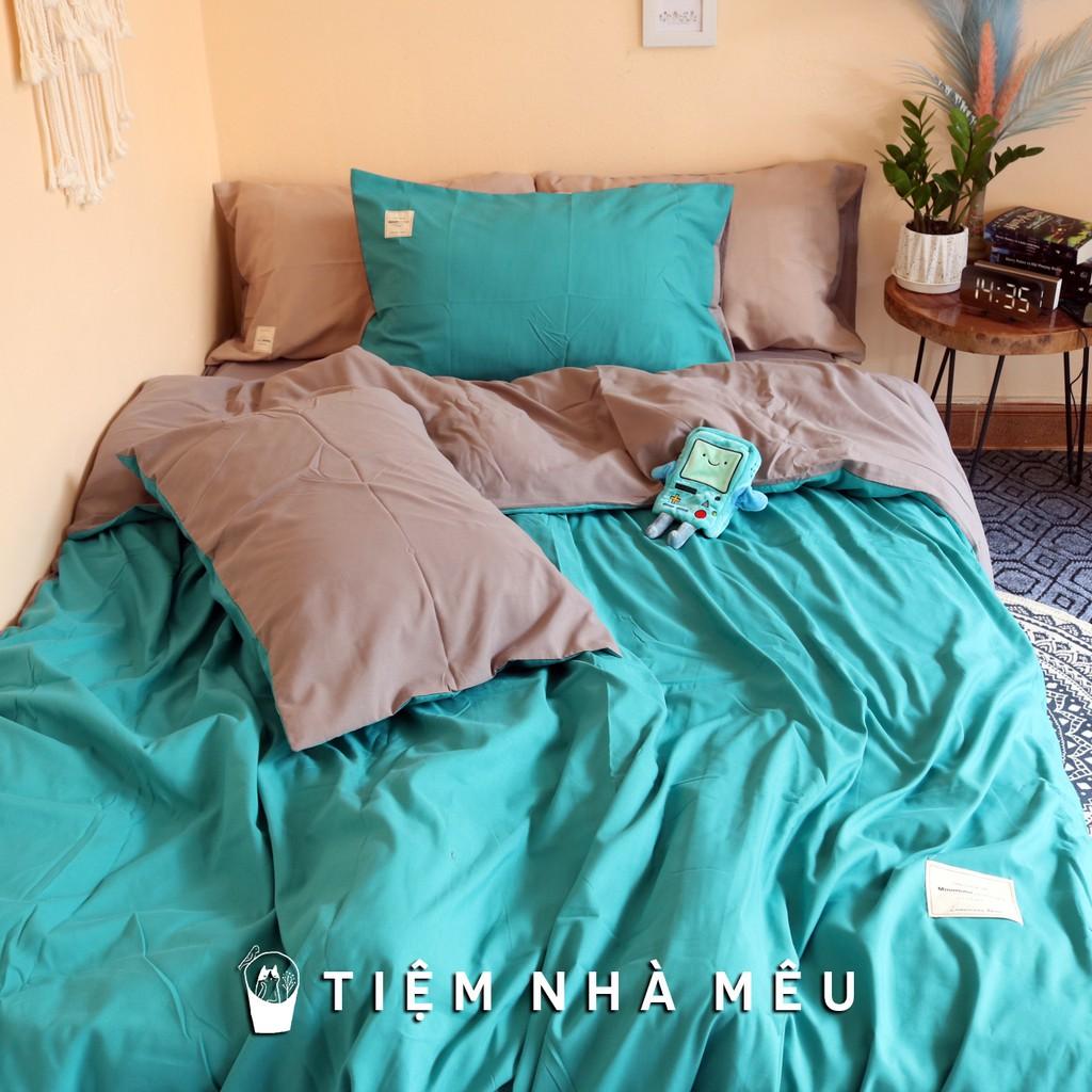 Bộ Chăn Ga Gối Cotton TC Nhập Hàn m6/m8/2m - Tiệm Nhà MêuSet 4 Món 2 Vỏ gối ,drap , vỏ chăn - Màu Xanh Coban Ga Xám