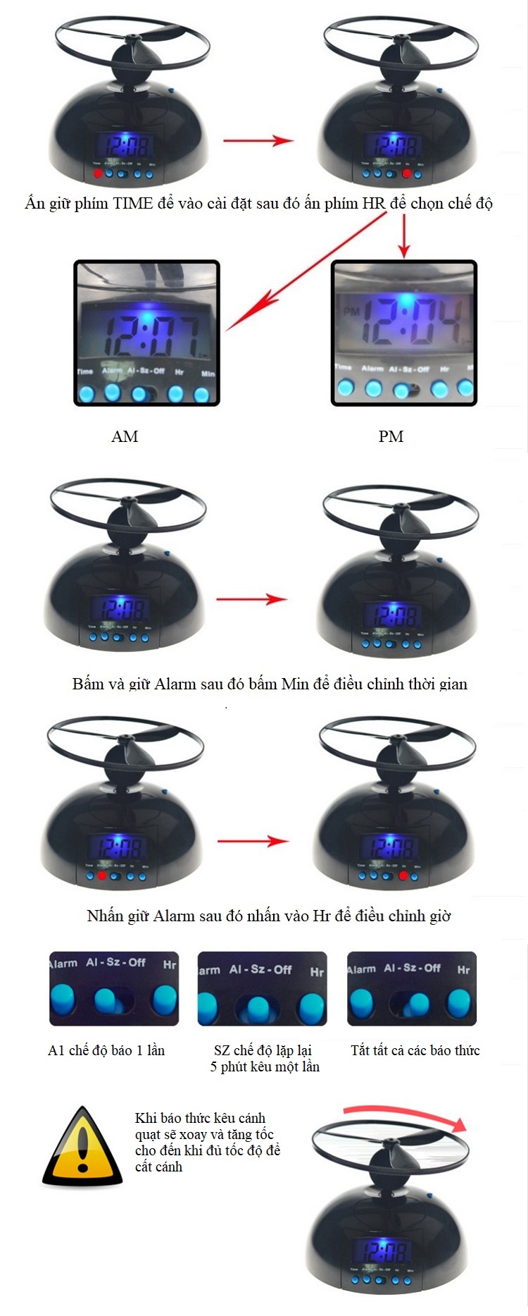 Đồng hồ báo thức thông minh có cánh quạt - Tặng 02 đèn ngủ cắm USB (màu ngẫu nhiên)