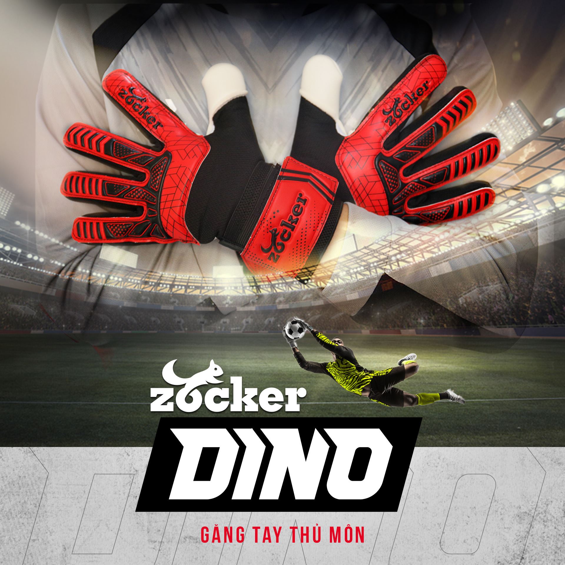 Găng Tay Thủ Môn Zocker Gloves Dino - Không Xương Linh Hoạt, Bắt Dính Bóng - Tặng Kèm Túi hoặc Tất Chính Hãng