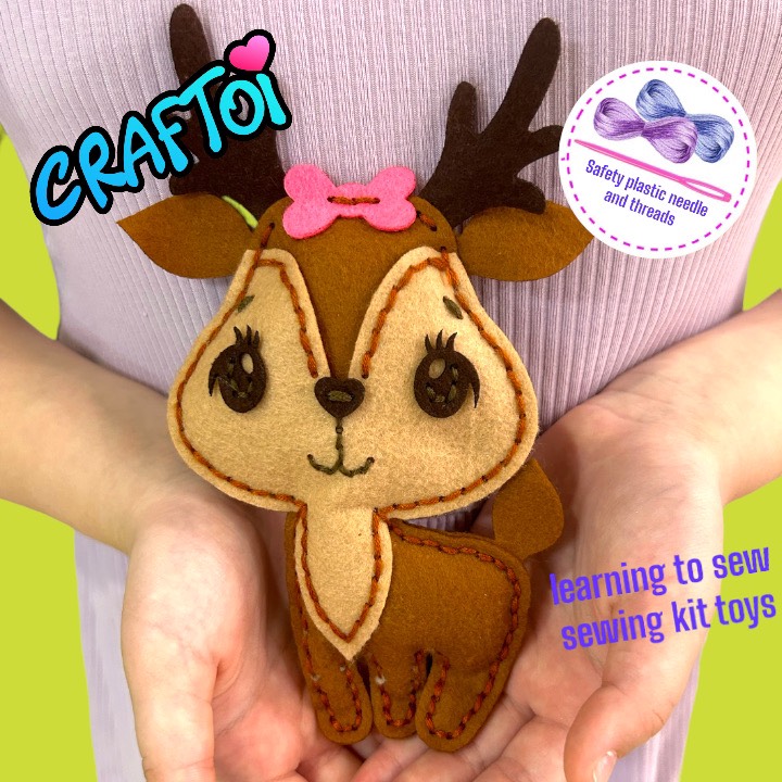 KIM NHỰA Bộ Thủ Công Trẻ Tự Làm Thú Bông 5+ DEER DAISY BOW Craftoi Felt Sewing toy prepunched holes plastic needle