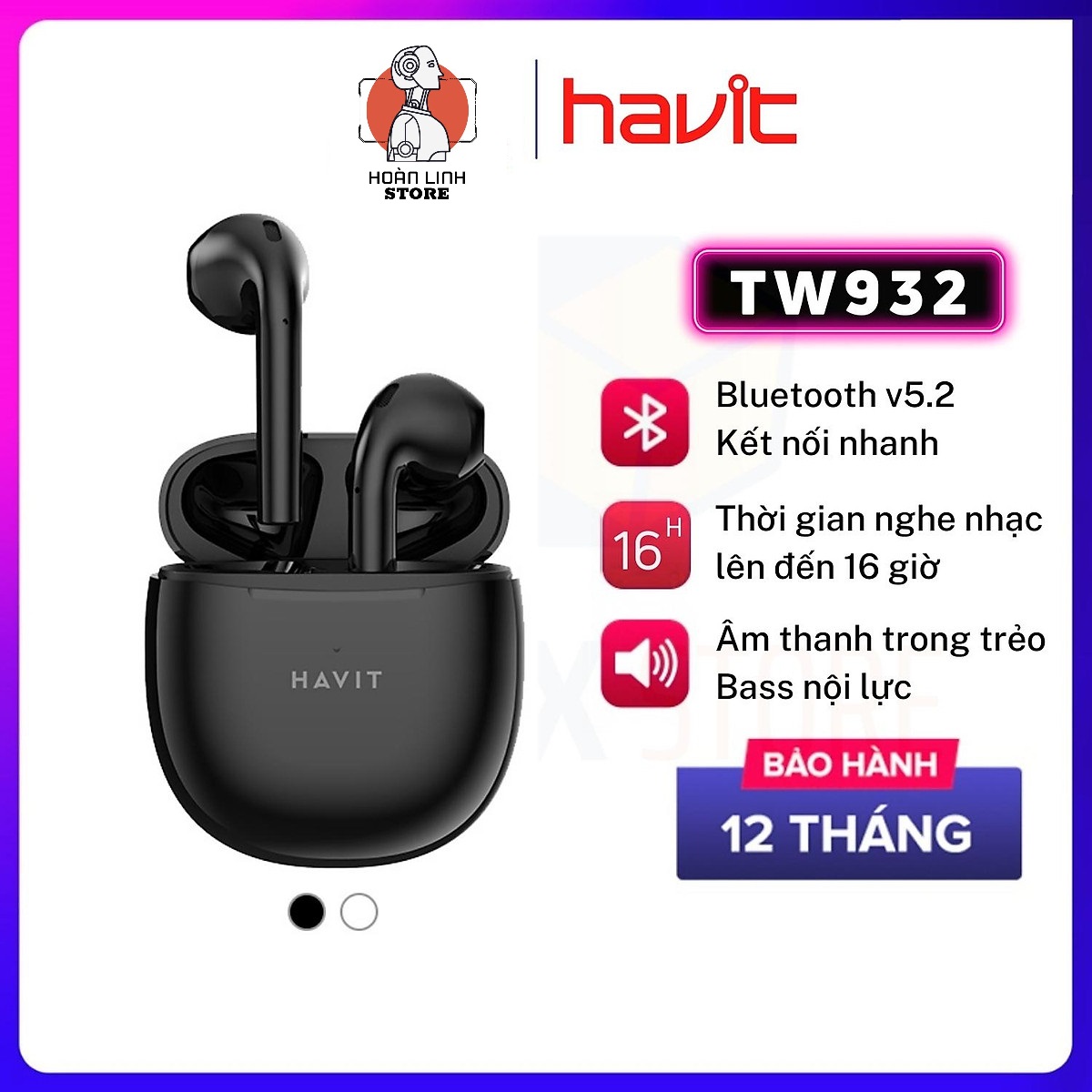 Tai Nghe Không Dây True Wireless HAVIT TW932 Bluetooth 5.2 Âm Bass Tăng Cường, Driver 13mm - Hàng Chính Hãng