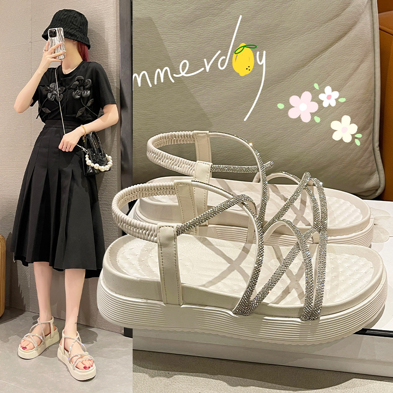 Dép sandal nữ đế cao 5cm Vituni dép quai hậu đính đá quai chéo đi biển đi làm đi chơi cực xinh D225