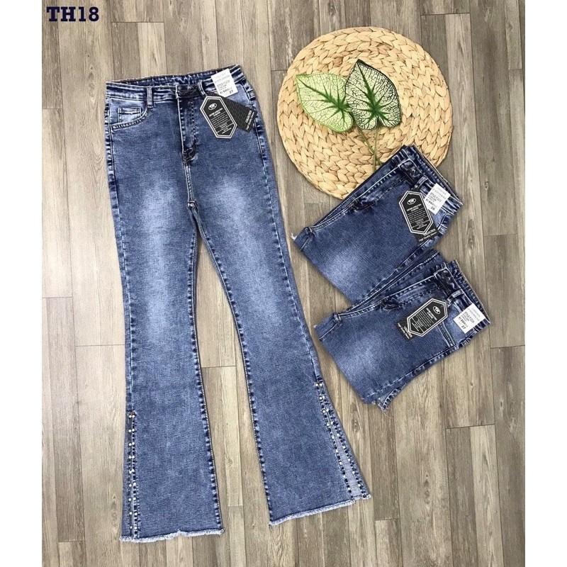 Quần Jeans Nữ Ống Loe Xẻ Kết Hạt Thời Trang