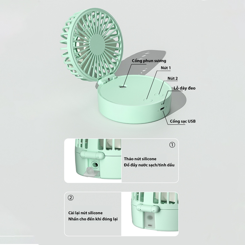 Quạt mini phun sương quạt tích điện kết hợp đèn ngủ sạc USB pin lớn 2000mAh hàng chính hãng- QMN03