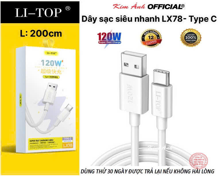 2 mét- Dây sạc siêu nhanh LI-TOP LX78 120W, chân Type C dài 2 mét, dây mịn to, lõi 260 sợ đồng, được dùng thử 30 ngày hàng chính hãng