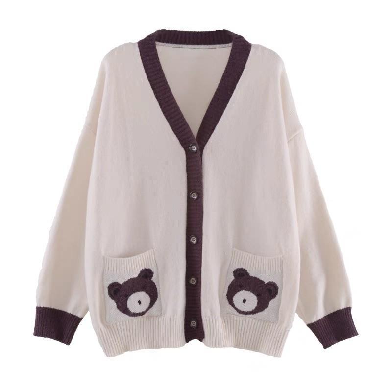 MS985 Áo khoác cardigan len nữ 2 túi gấu dễ thương học sinh