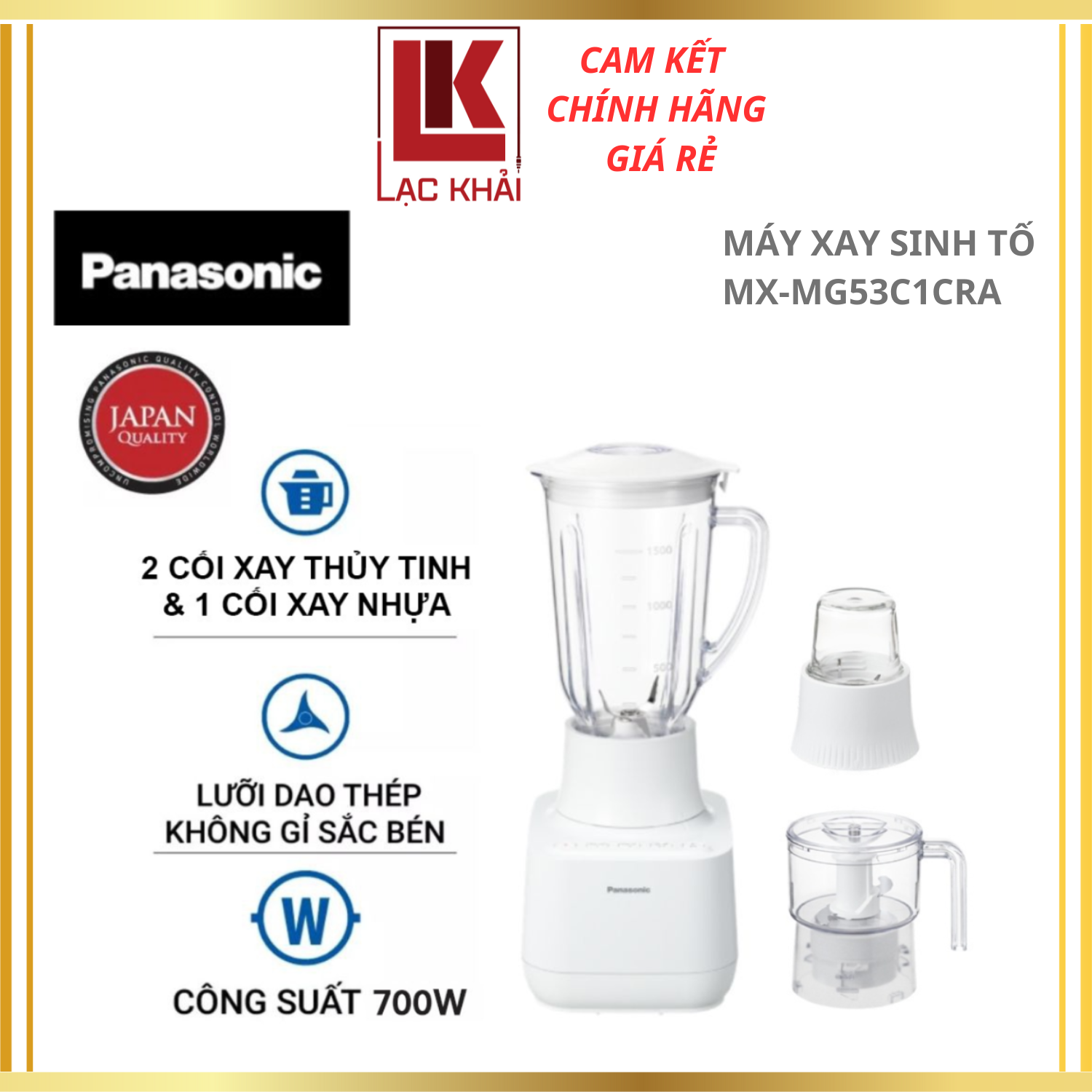 Máy Xay Sinh Tố Panasonic MX-MG53C1CRA - Công suất 700W- Dung tích 1.5L - Lưỡi dao thép không gỉ- cối xay thủy tinh/nhựa - Xay đá mịn - Hàng Chính Hãng - Bảo hành 12 tháng