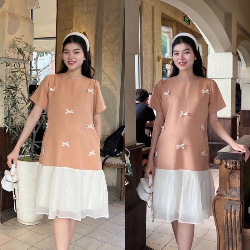 Đầm bầu đuôi cá đính nơ phối chân voan tơ sang chảnh chất cotton lạnh mát mẻ - Xanh đen