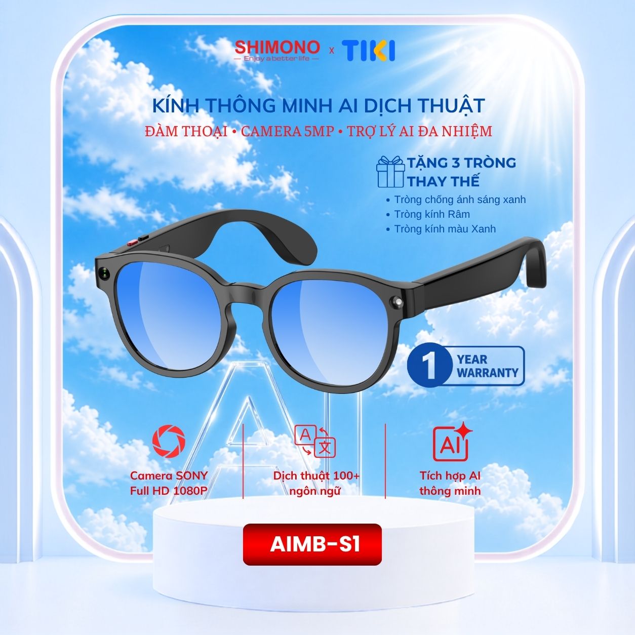 Kính Thông Minh AI Dịch Thuật SHIMONO AIMB-S1 Trợ Lý AI, Camera 5MP, Đàm Thoại Rảnh Tay, Quay Vlog  Hàng chính hãng