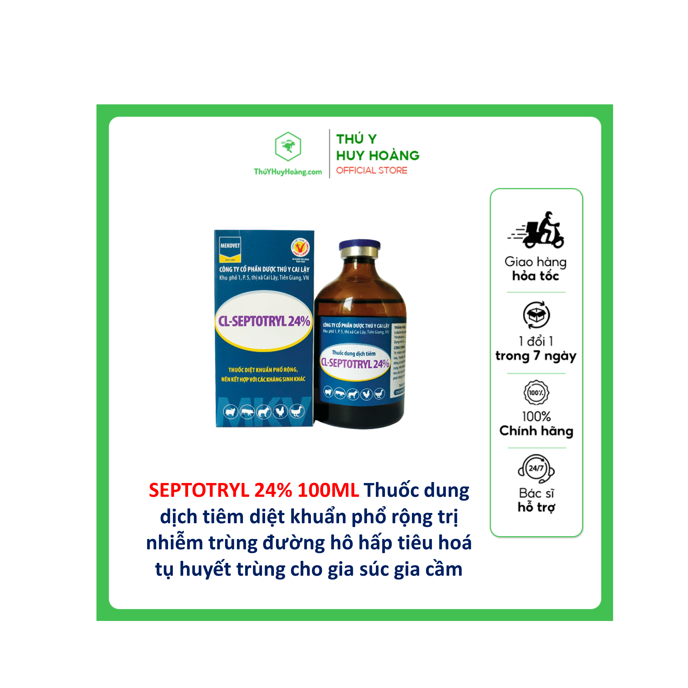 Thuốc dung dịch tiêm SEPTOTRYL 24% nhiễm trùng đường hô hấp, tiêu hóa, thương hàn, tiêu chảy phân trắng, tụ huyết trùng