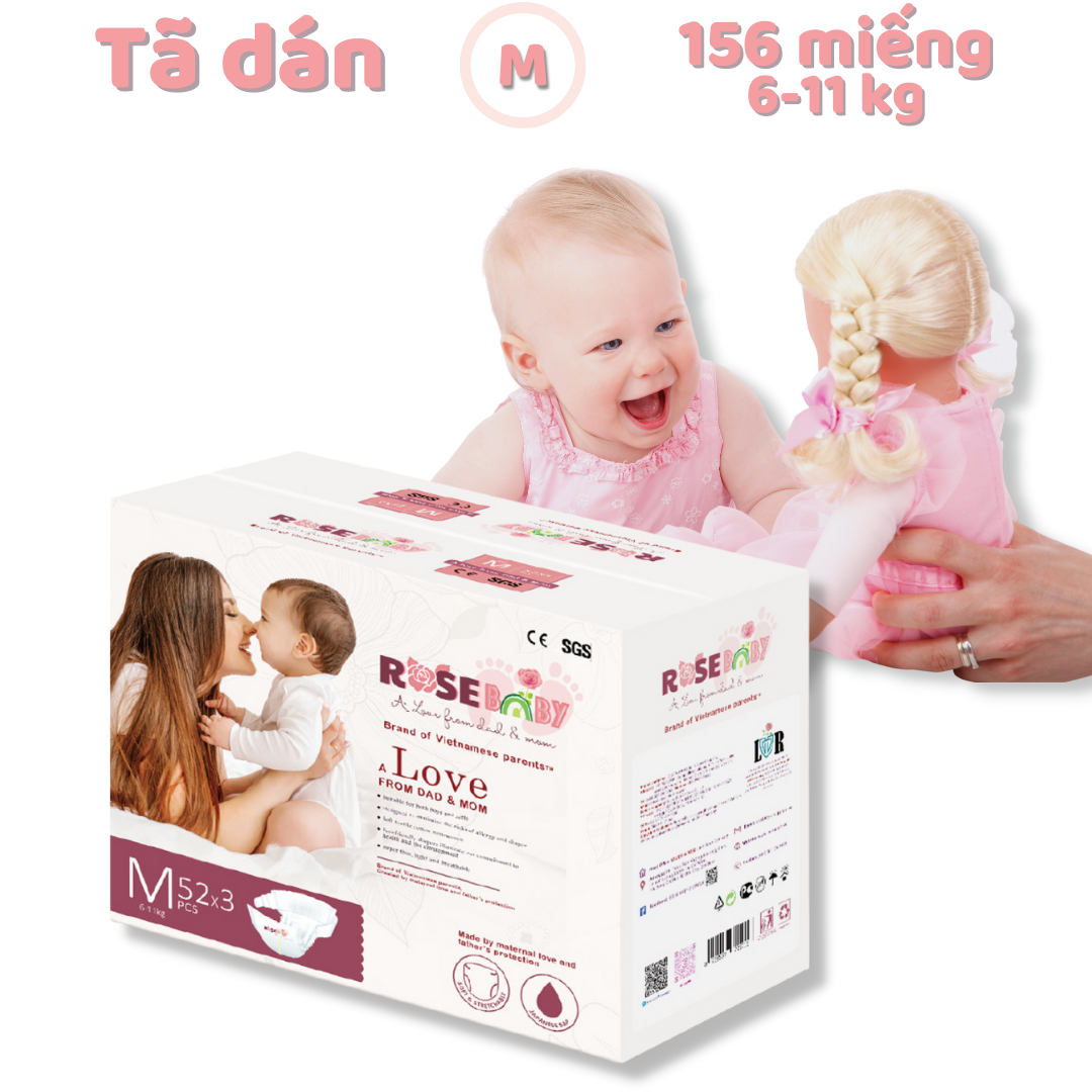 Thùng Bỉm Dán Rose Baby Size M52 (156 miếng)