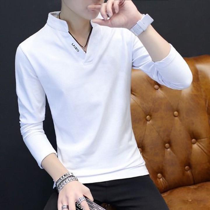 Áo thun nam tay dài hàn quốc cổ V chất thun cotton cá sấu co giãn