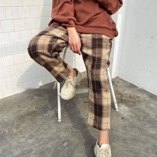 Q002 Quần ống rộng thô đũi caro cạp chun lưng cao cute, quần culottes ống suông dài karo vintage retro unisex Hàn Quốc