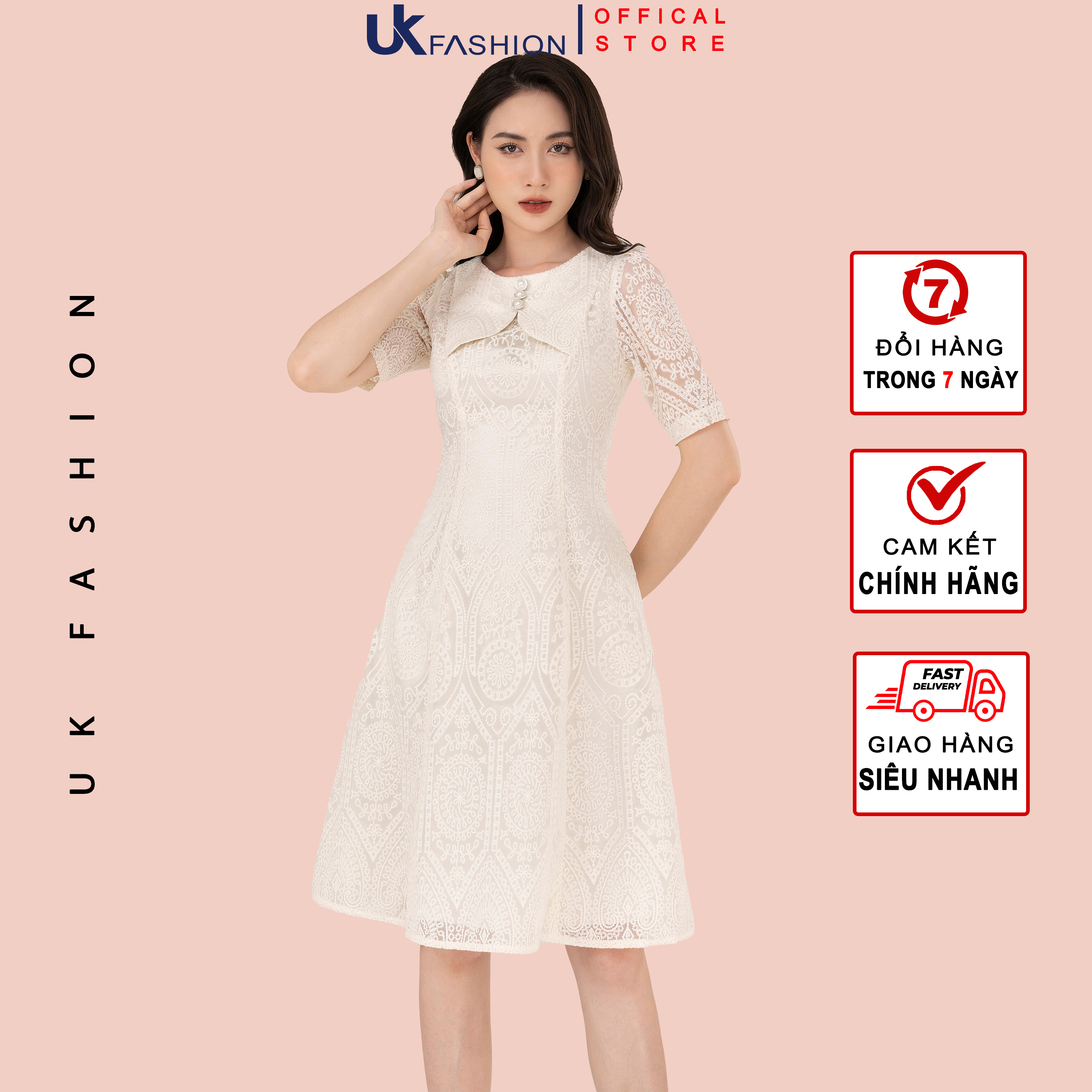 Đầm Ren Thiết Kế Trẻ Trung UK Fashion Cổ Phối Nơ Thanh Lịch, Chất Vải Ren Nhập Hàn NKDV2210001