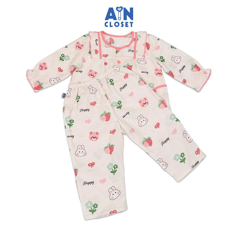 Bộ quần áo Dài bé gái hoạ tiết Gấu Thỏ Hồng Xô sợi tre - AICDBGGVHKOH - AIN Closet