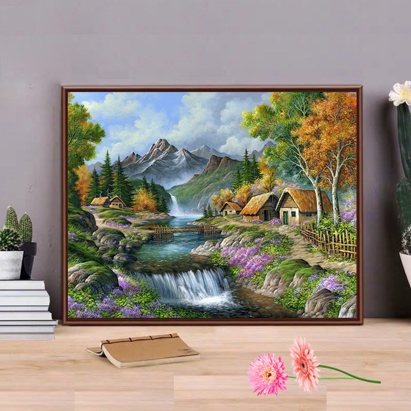 Tranh sơn dầu số hoá tự tô đã căn sẵn khung 50x40 cm (painting by number) - Mountain river