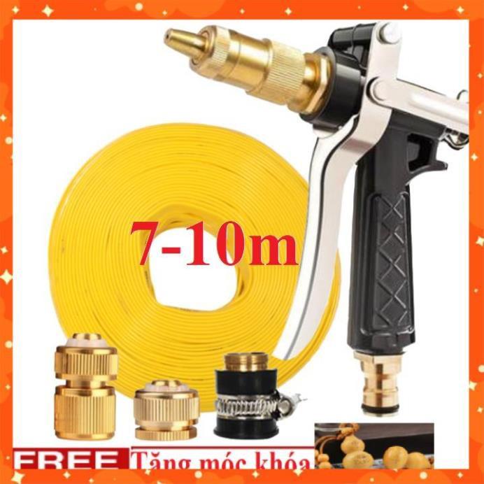 Bộ dây vòi xịt nước rửa xe, tưới cây . tăng áp 3 lần, loại 7m, 10m 206236 đầu đồng,cút đồng,+ tặng móc khoá