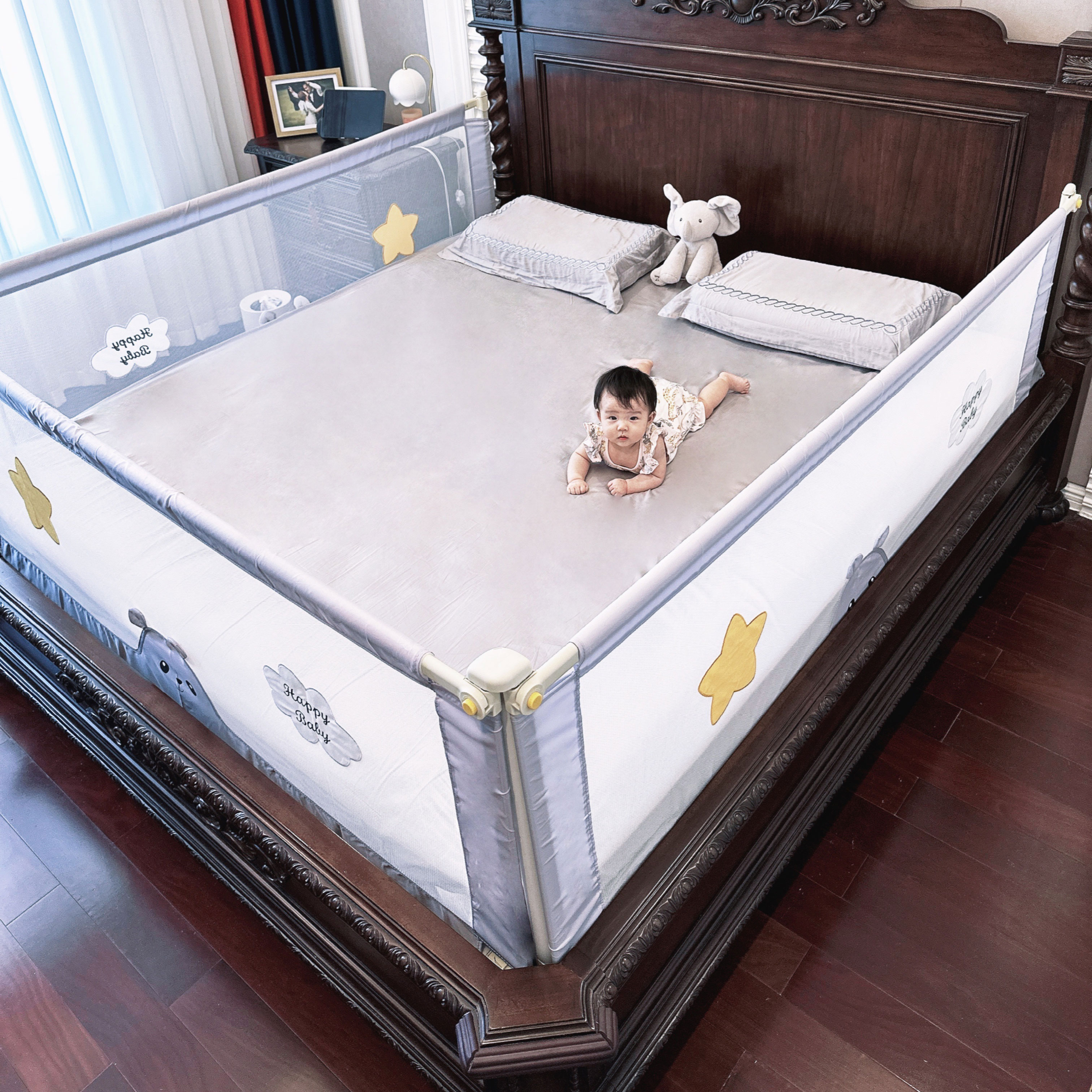 Thanh chắn giường cho bé an toàn KidAndMom BR23 kiêm quây cũi độ cao 74-96cm thiết kế chống kẹt, chống vấp ngã, nâng hạ 1 hoặc 2 đầu bản nâng cấp mới nhất (Giá bán 1 thanh)