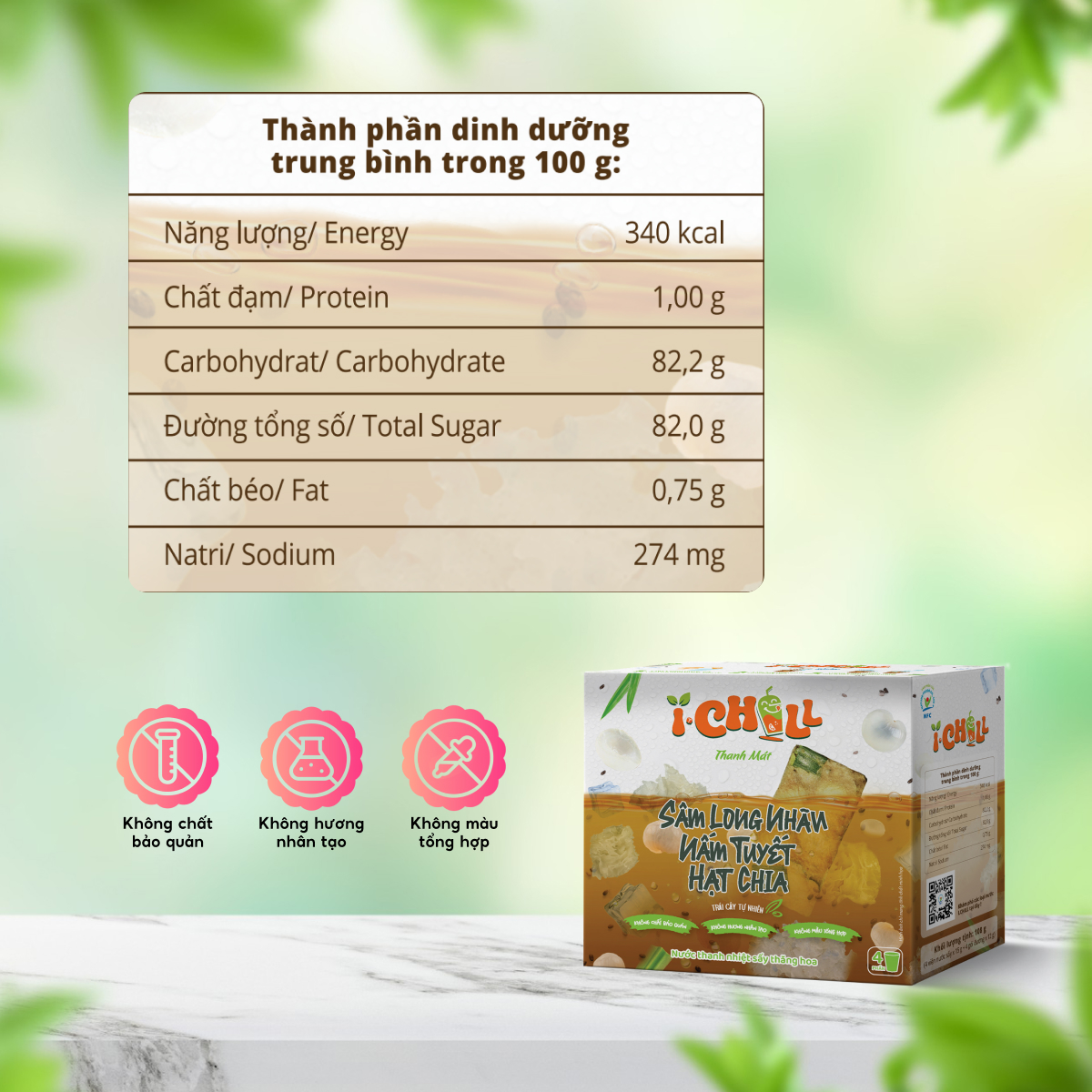 iChill Sâm Long Nhãn Nấm Tuyết Hạt Chia Nước Thanh Nhiệt Sấy Thăng Hoa Từ Trái Cây Tự Nhiên 4 Gói X Hộp, Không Chất Bảo Quản, ISO 22000, HACCP, BRC