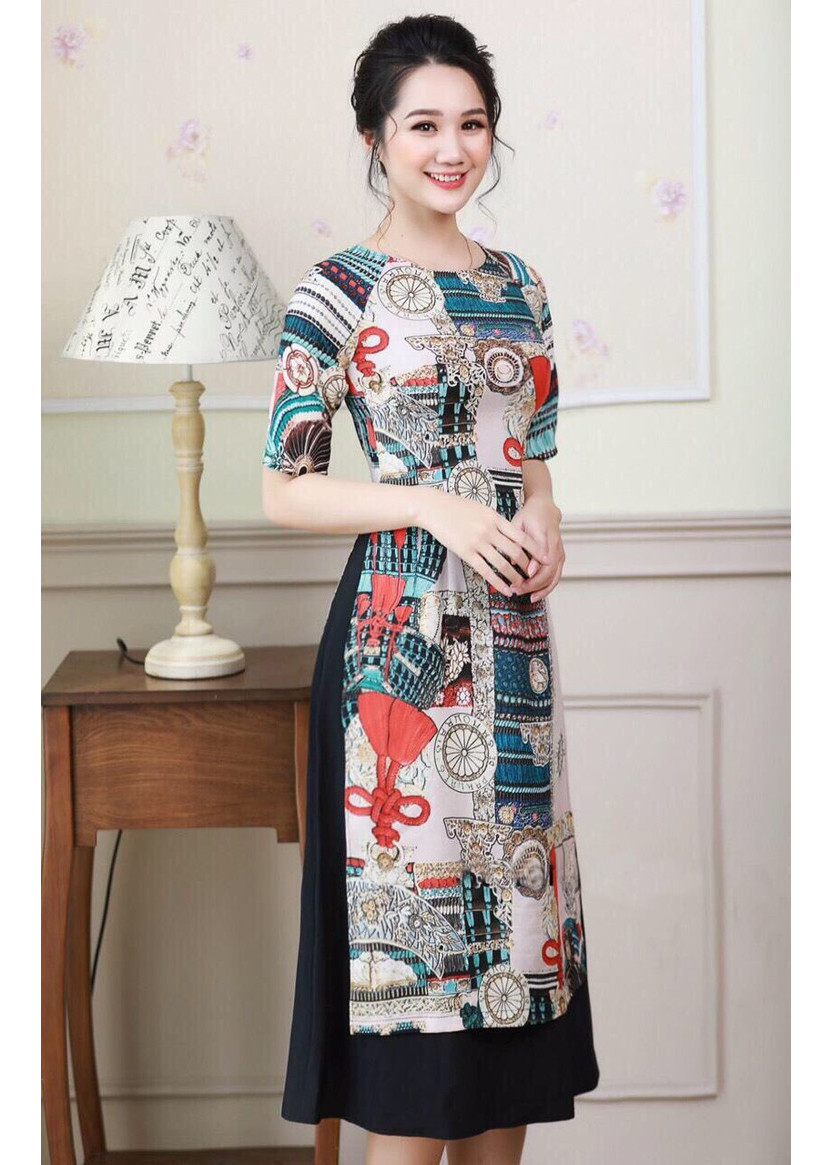 Áo Dài Cách Tân Họa Tiết Kèm Váy - KV2412