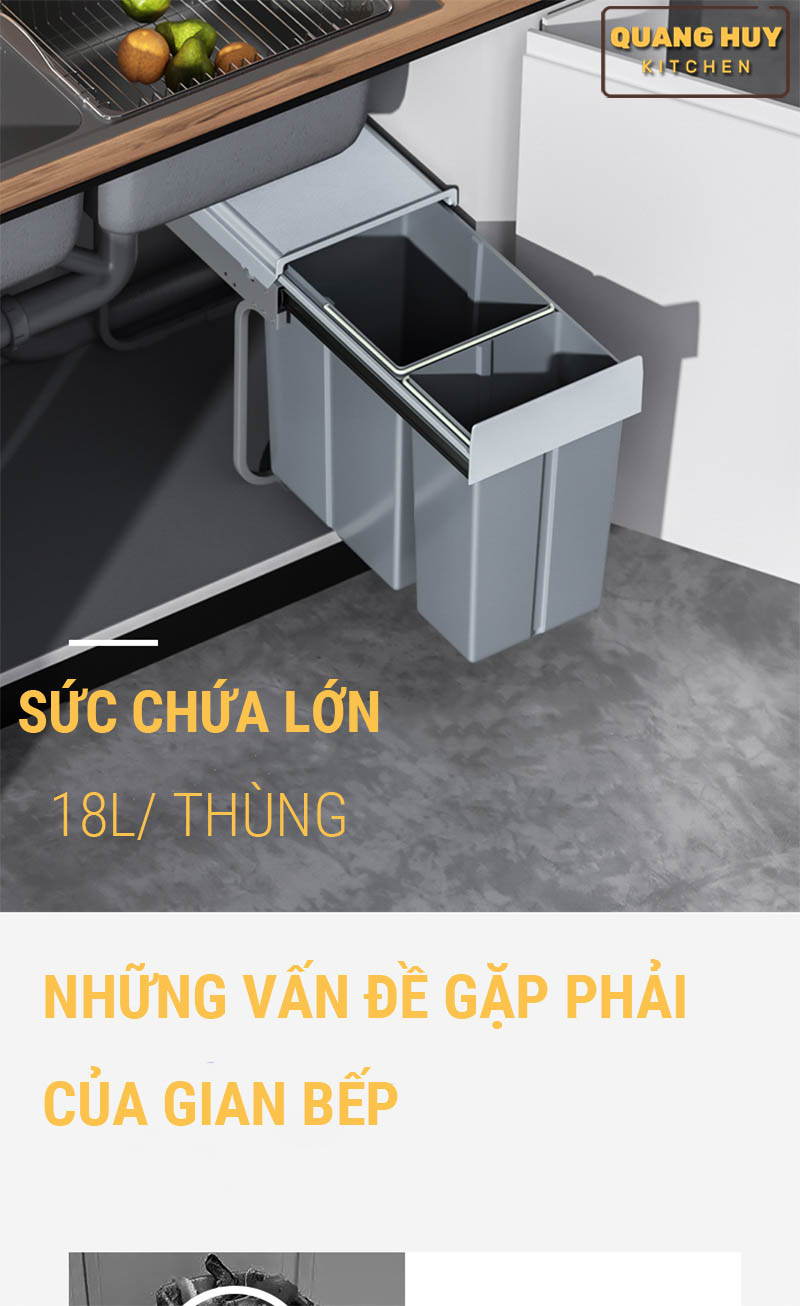 Thùng rác đôi âm tủ bếp hoặc gắn cánh tủ bếp thương hiệu Grob lắp đặt dễ dàng