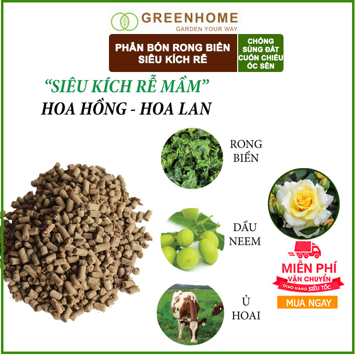 Phân bón hữu cơ rong biển DOCNEEM túi 1kg, kết hợp neem cake kích rễ mầm lá, cho Hoa hồng, phong lan, cây cảnh, rau sạch