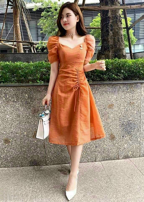 Đầm Xòe Vải Đũi Nhăn Mềm Mịn, Co Giản Rút Dây Cách Điệu Thời Trang