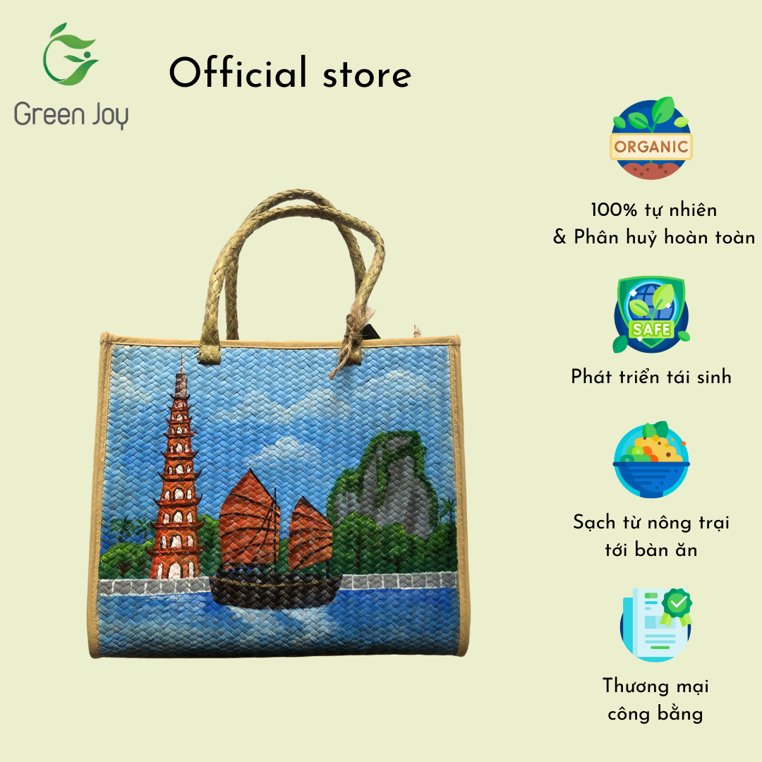 Giỏ xách vuông cỏ bàng vẽ Green Joy