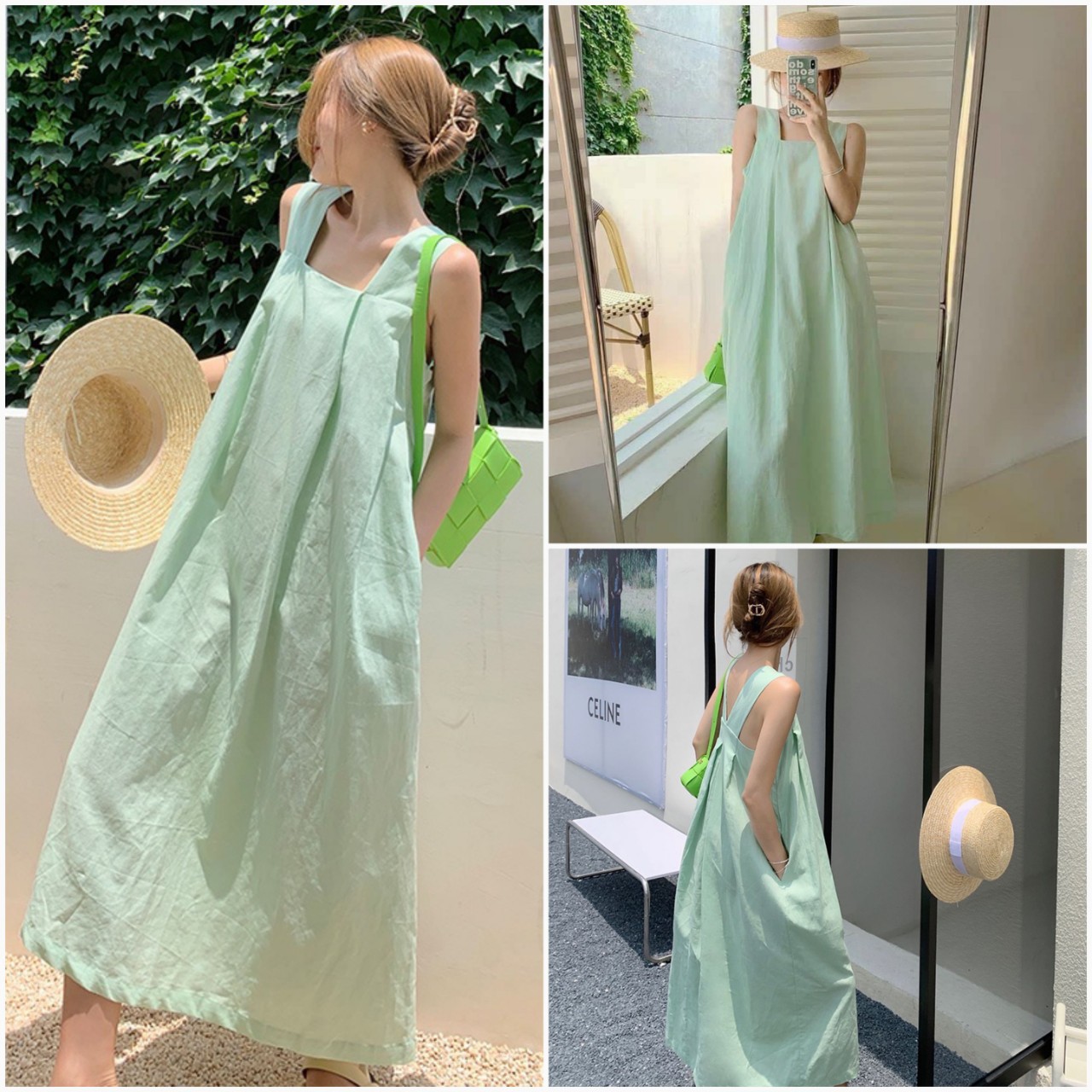 Đầm 2 dây bản to dáng dài, váy bầu bí đi biển phom rộng màu xanh mát mẻ